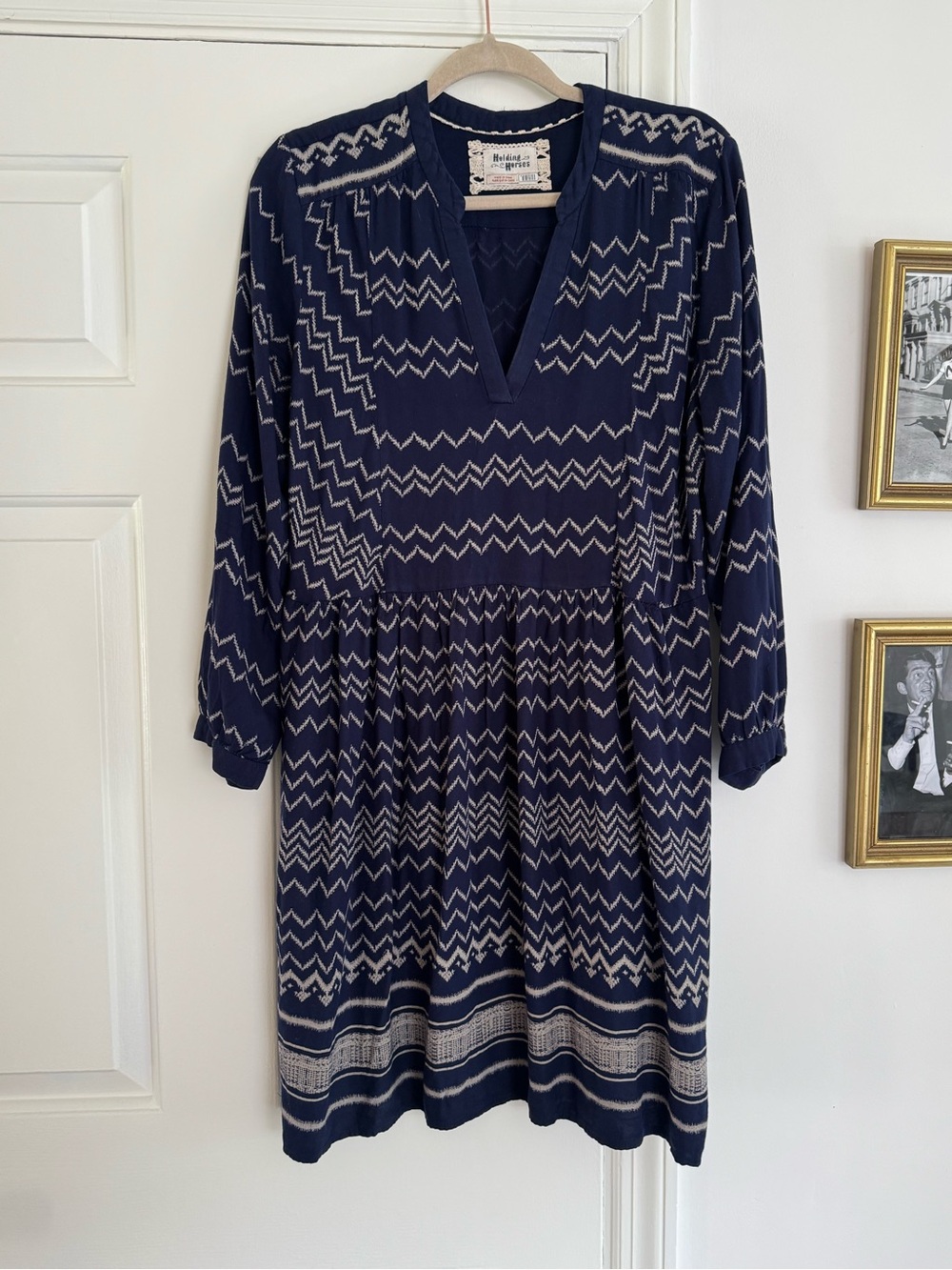HOLDING HORSES Navy and Ivory Zigzag Midi Dress